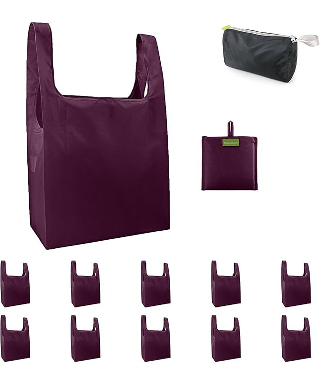 BeeGreen Burgundy Reusable Grocery Bags with Zipper Storage Pouch 10 Packs Wine Red Reusable Shopping Bags Bulk Foldable-Machine Washable