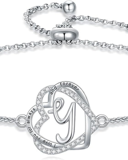 TOUPOP Gifts for Women Heart Initial Bracelet 925 Sterling Silver Double Heart Bracelet Birthday Jewelry Birthday Christmas Gifts for Her Wife Girlfriend