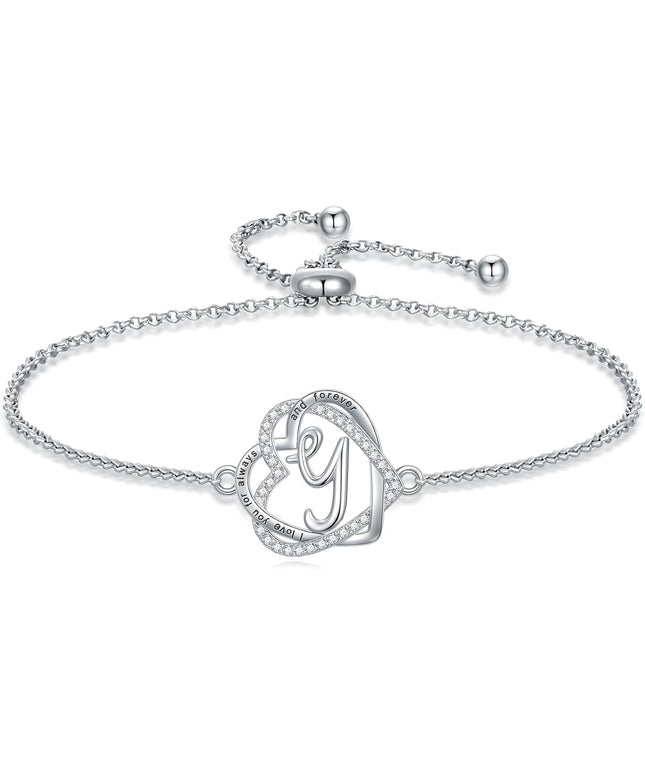 TOUPOP Gifts for Women Heart Initial Bracelet 925 Sterling Silver Double Heart Bracelet Birthday Jewelry Birthday Christmas Gifts for Her Wife Girlfriend
