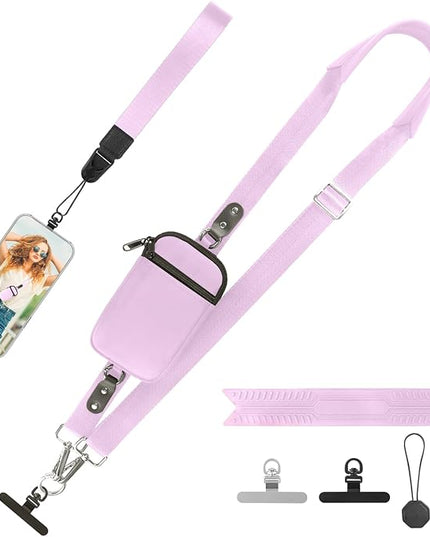 Clip and Go Strap for Phone With Wallet Crossbody (Detachable RFID Blocking Wallet) - Adjustable Phone Lanyard Crossbody with 360° Rotatable Tether Tabs for All Phones (Purple)