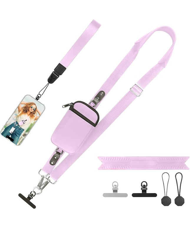 Clip and Go Strap for Phone With Wallet Crossbody (Detachable RFID Blocking Wallet) - Adjustable Phone Lanyard Crossbody with 360° Rotatable Tether Tabs for All Phones (Purple)