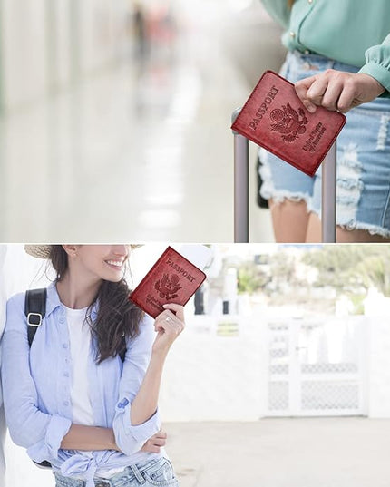 Passport and Vaccine Card Holder Combo with Vaccine Card Slot, Passport Wallet/ Cover/Case/Holder for Women and Men（AC-Wine red）