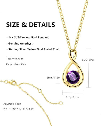 FANCIME 14K Solid Gold Birthstone Pendant with Sterling Silver Chain Infinity Gemstone Necklace Fine Jewelry Anniversary Birthday Christmas Gifts for Women Wife Her