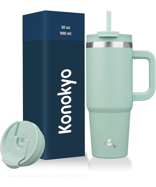 30 oz Tumbler with Handle and 2 Straws,2 in 1 Lid Insulated Water Bottle Stainless Steel Travel Coffee Mug,Retro Green