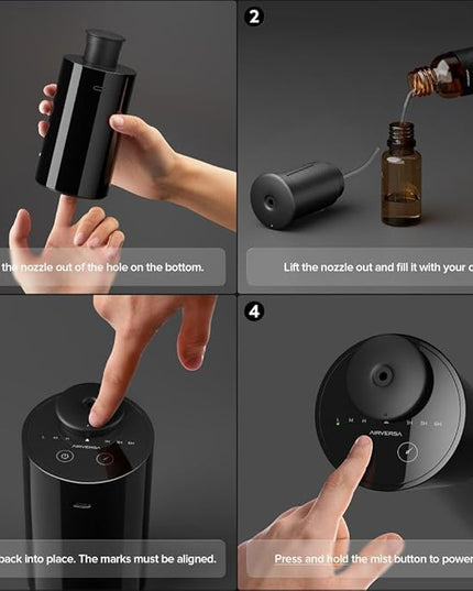 Airversa Waterless Diffuser for Essential Oil, Car Diffsuer, Battery Operated Nebulizer, 0.7 Fl Oz/ 20mL, Mini Scent Air Machine, 3 Timers & 3 Mist Levels for Home, Room, Car, Office - AN6 Black