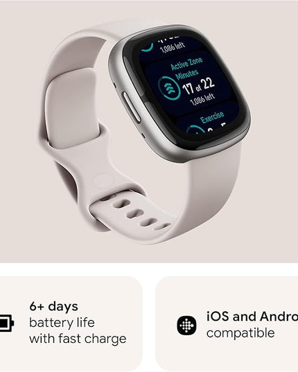 Fitbit Sense 2 Advanced Health and Fitness Smartwatch with Tools to Manage Stress and Sleep, ECG App, SpO2, 24/7 Heart Rate and GPS, Lunar White/Platinum, One Size (S & L Bands Included)