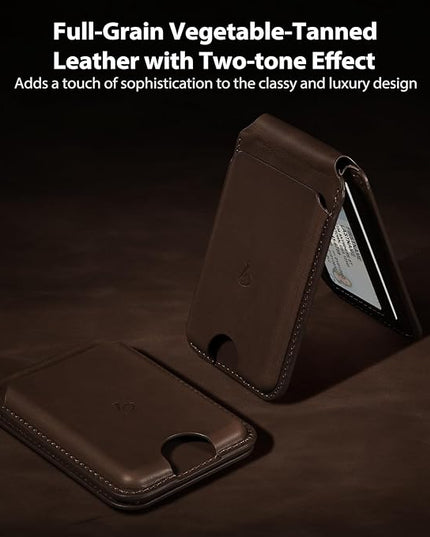 Belemay Strong Magnetic Wallet for MagSafe with Adjustable Stand, Full-Grain Leather Card Holder, Up to 5 Cards, RFID Blocking, Slim for iPhone 17/16/15/14/13/12 Series Men & Women - Bourbon Brown