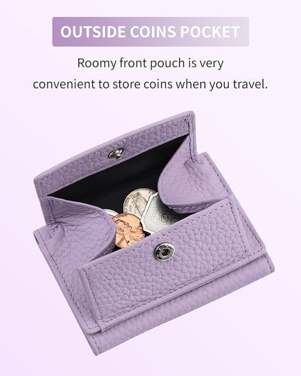 Unisex RFID Genuine Leather Wallet Compact Trifold with Coin Pouch & Card Slots Black (Light Purple)