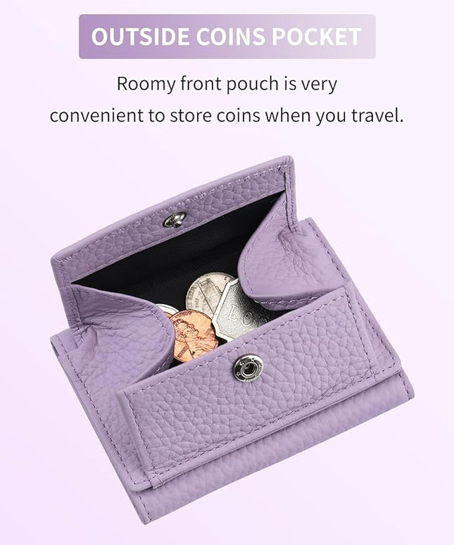 Unisex RFID Genuine Leather Wallet Compact Trifold with Coin Pouch & Card Slots Black (Light Purple)