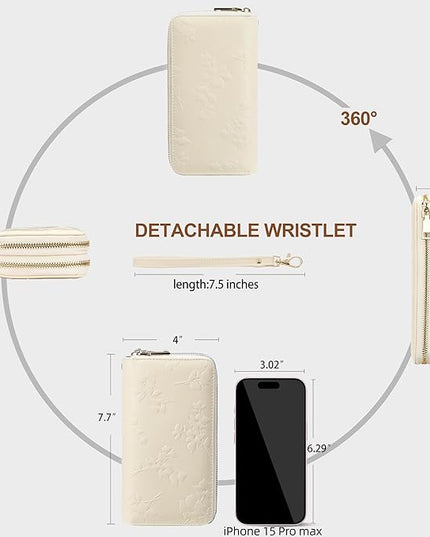 yiijay Womens Wallet RFID Blocking Large Capacity Leather Double Zip Wristlet Wallet Credit Card Phone Holder Ladies Clutch Purse Flora