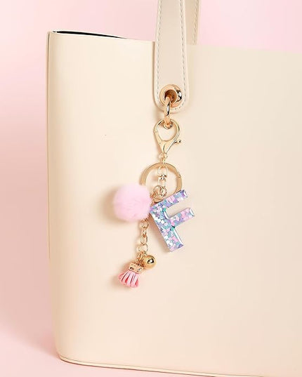 Resin Alphabet Initial Letter Keychain Keyring for Women Purse Handbags With Fur Ball Pom