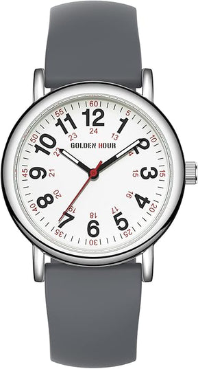 GOLDEN HOUR Waterproof Nurse Watch for Medical Professionals, Students Women Men - Military Time Luminouse Easy Read Dial, 24 Hour with Second Hand, Colorful Silicone Band