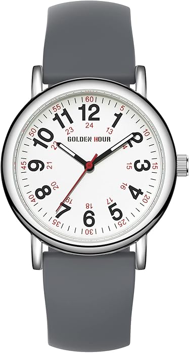 GOLDEN HOUR Waterproof Nurse Watch for Medical Professionals, Students Women Men - Military Time Luminouse Easy Read Dial, 24 Hour with Second Hand, Colorful Silicone Band
