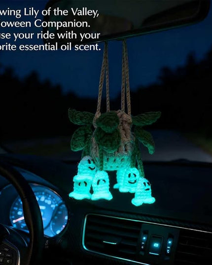 Handmade Crochet Hanging Car Air Freshener - Glow-in-the-Dark Lily of the Valley Plant with 12ml Refillable Essential Oil Diffuser Bottle, Halloween Car Accessories & Bedroom Nightlight Decor