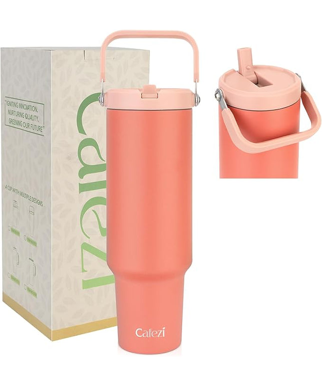 50 oz Tumbler with Handle, Stainless Steel Water Bottles with Flip Straw and Top Handle, Leak Proof, No Sweat, Cold for 30 Hours, Fits in Cup Holder, Vacuum Insulated Tumblers for Home, Office