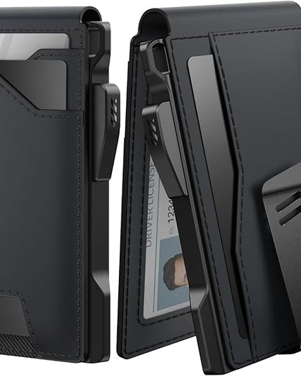 typecase Tactical Wallet for Men Card Holder: Pop Up Card Case, Genuine Leather, Smart, RFID Blocking, Slim, Minimalist, Thin, Front Pocket - 13 Card Capacitiy, ID Window, Money Clip (Dark Black)