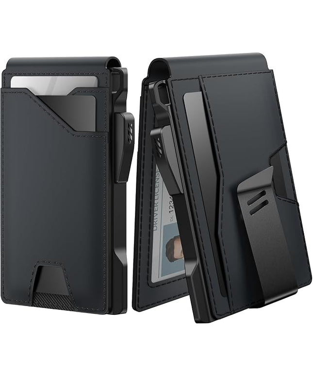 typecase Tactical Wallet for Men Card Holder: Pop Up Card Case, Genuine Leather, Smart, RFID Blocking, Slim, Minimalist, Thin, Front Pocket - 13 Card Capacitiy, ID Window, Money Clip (Dark Black)