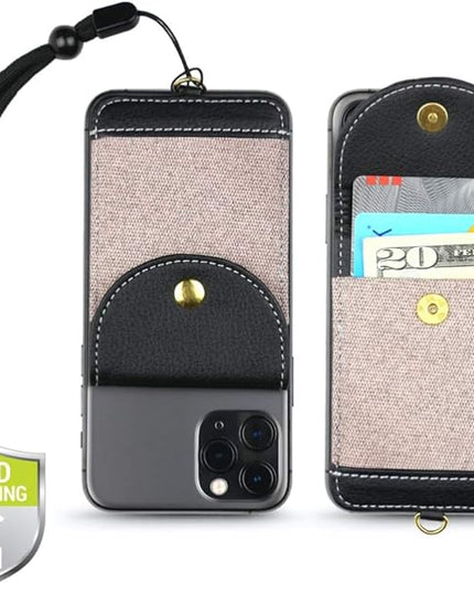 Cell Phone Wallet for Back of Phone with Wrist Strap, Stick On Wallet Credit Card ID Holder with RFID Protection Compatible with iPhone, Galaxy & Most Smartphones and Cases