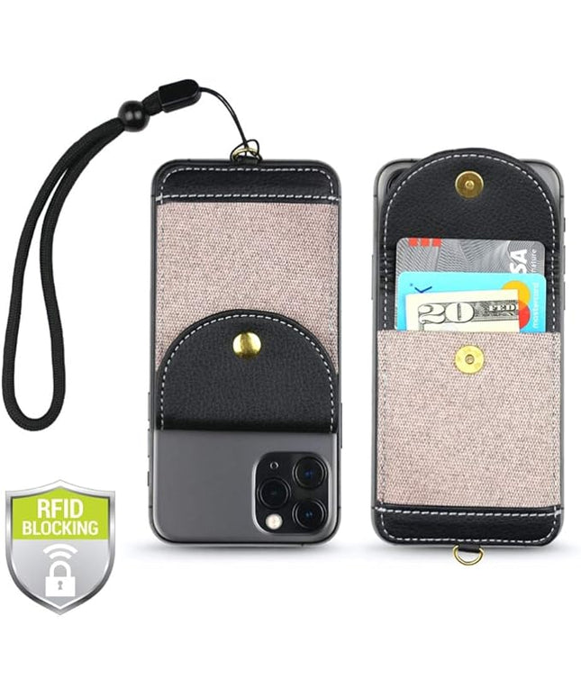 Cell Phone Wallet for Back of Phone with Wrist Strap, Stick On Wallet Credit Card ID Holder with RFID Protection Compatible with iPhone, Galaxy & Most Smartphones and Cases