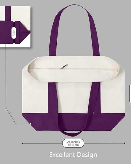 TOPDesign 3-Pack Canvas Tote Bags with an External Pocket, Reusable Grocery Shopping Bags, Top Zipper Closure, Daily Essentials (Purple/Natural)