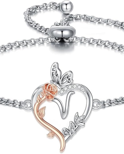 TOUPOP Gifts for Women Rose Heart Initial Bracelet 925 Sterling Silver Butterfly Letter Link Bracelet Love Jewelry Valentines Day Birthday Gifts for Her Wife Girlfriend Mom