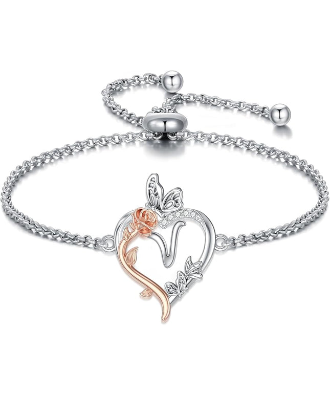 TOUPOP Gifts for Women Rose Heart Initial Bracelet 925 Sterling Silver Butterfly Letter Link Bracelet Love Jewelry Valentines Day Birthday Gifts for Her Wife Girlfriend Mom