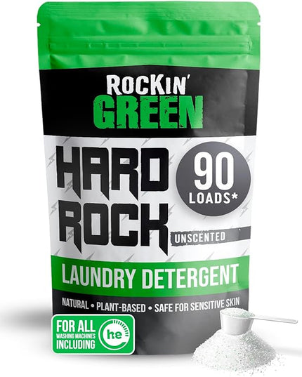 Rockin' Green Hard Rock Laundry Detergent for Hard Water (90 Loads), Plant based, Natural Laundry Detergent Powder, Biodegradable Odor Fighter, Safe for Sensitive Skin, 45 oz (Unscented)