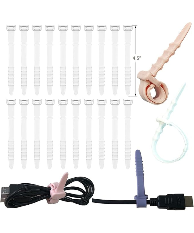 Silicone Zip Ties, Reusable Zip Ties, 20pcs Rubber Cable Ties Straps for Wire Management, Elastic Cable Organizer for Home Office Table Desk. White 4.5” Cord Ties (20 Pcs White)