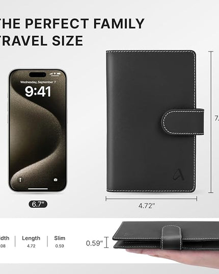 ALLIVE Passport Holder for Travel Family, Genuine Leather Passport Wallet with AirTag Slot, RFID Blocking Travel Document Organizer for Women & Men, Airport Essentials, Family Travel Gift (Black)
