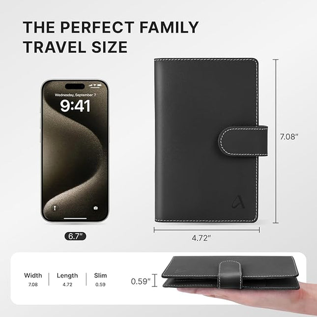 ALLIVE Passport Holder for Travel Family, Genuine Leather Passport Wallet with AirTag Slot, RFID Blocking Travel Document Organizer for Women & Men, Airport Essentials, Family Travel Gift (Black)