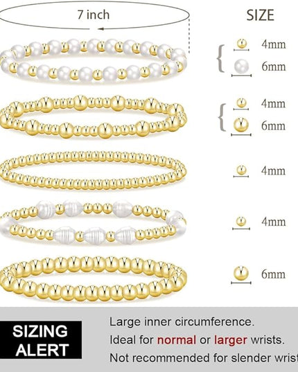 Gold Beaded Bracelets for Women, 14K Real Gold Plated Jewelry for Women Dainty Pearl Bead Bracelets Stack, Non Tarnish Trendy Stackable Ball Cross Stretch Bracelet Set Fashion Accessories Gifts