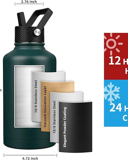 Insulated Water Bottle 64oz,Triple Wall Vacuum Stainless Steel(Dishwasher Safe),Leak Proof & Non-BPA,Flask Jug with Paracord Handle & Straw Spout Lids Sports Green