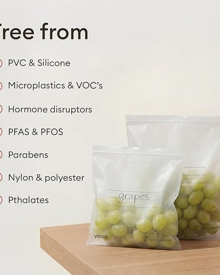 Vove Compostable Quart Bags 30 Ct – PFAS-Free, BPI Certified, Freezer Safe with Airtight Seal for Leftovers & Meal Prep, Plant-Based