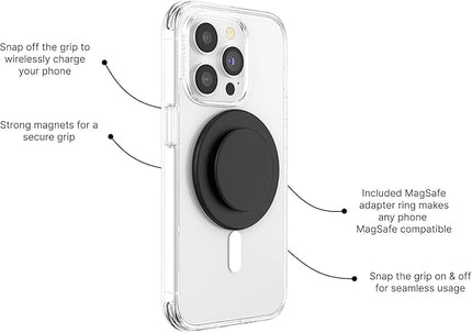 PopSockets Phone Grip for MagSafe with Kickstand, Magnetic Stand, Swappable Top, Secure Hold for iPhone MagSafe Cases, Phone & Tablet Grip - Black