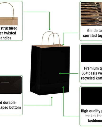 Qutuus Black Gift Bags with Handles Bulk - 100 Pcs 8x4.5x10 inches Black Paper Bags for Shopping, Retail, Small Business, Party, Merchandise