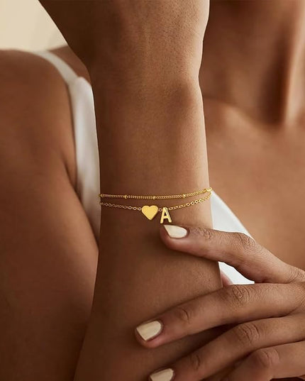 M MOOHAM Valentines Day Gifts for Kids Teen Girls -14K-Gold-Plated Heart Initial A-Z Bracelets for Women Girl Dainty Gold Bracelets Birthday Valentines Gifts for Women Her Teenage Girls Kid Teen Gift