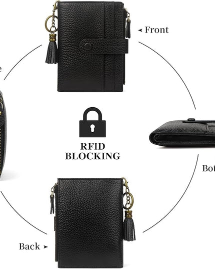 Blucoay Leather Wallet Women,RFID Blocking Small Wallet for Women Compact Card Holder Bifold Tassel Wallet Coin Purse With ID Window lzblack