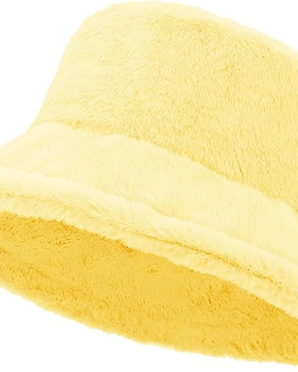 Women Plush Fluffy Bucket Hat Warm Lining Winter Faux Fur Cozy Wide Brim Winter