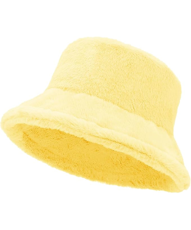 Women Plush Fluffy Bucket Hat Warm Lining Winter Faux Fur Cozy Wide Brim Winter