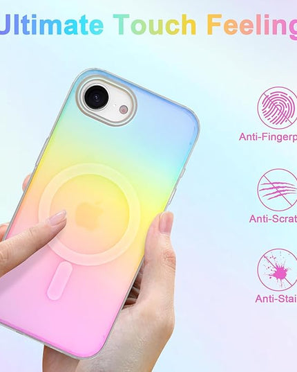 Cute Case for iPhone 16e Case for Women Girls [Compatible with Magsafe] Aesthetic Girly Glitter Bling Rainbow Magnetic Protective Phone Cover, Translucent Iridescent Blue & Pink