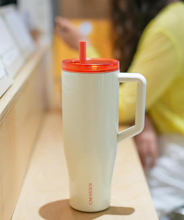 KISSKIND 40 oz Lumispin Tumbler with Handle and Hidden Straw, 100% Leak Proof Water Cup with Handle, Insulated Water Bottle for Travel, Mom, Nurse, Teacher, Student, Velvety Cream