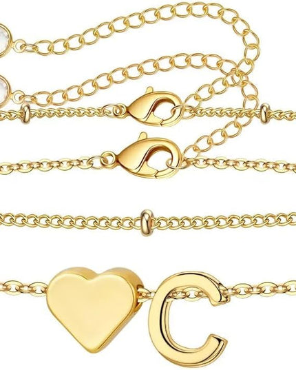 M MOOHAM Valentines Day Gifts for Kids Teen Girls -14K-Gold-Plated Heart Initial A-Z Bracelets for Women Girl Dainty Gold Bracelets Birthday Valentines Gifts for Women Her Teenage Girls Kid Teen Gift