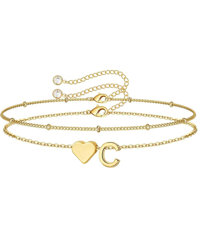 M MOOHAM Valentines Day Gifts for Kids Teen Girls -14K-Gold-Plated Heart Initial A-Z Bracelets for Women Girl Dainty Gold Bracelets Birthday Valentines Gifts for Women Her Teenage Girls Kid Teen Gift