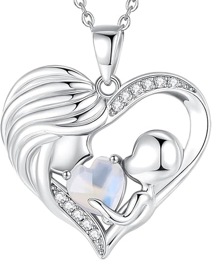 FANCIME Mom Birthstone Necklace Mother and Child Love Heart Necklace I Love You Mom Gifts Mothers Day Birthstone Jewelry Gifts for Grandmother Women Wife, 16"+2" Inches