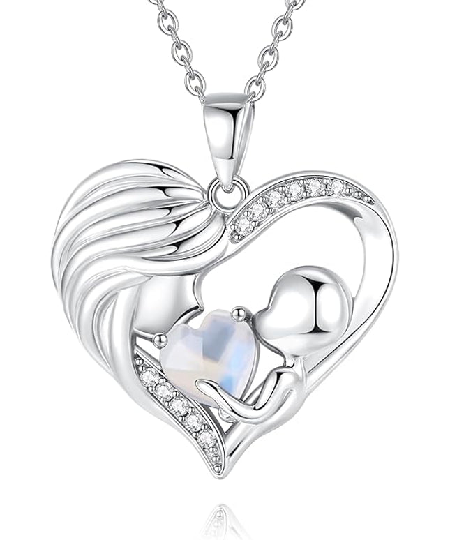 FANCIME Mom Birthstone Necklace Mother and Child Love Heart Necklace I Love You Mom Gifts Mothers Day Birthstone Jewelry Gifts for Grandmother Women Wife, 16"+2" Inches