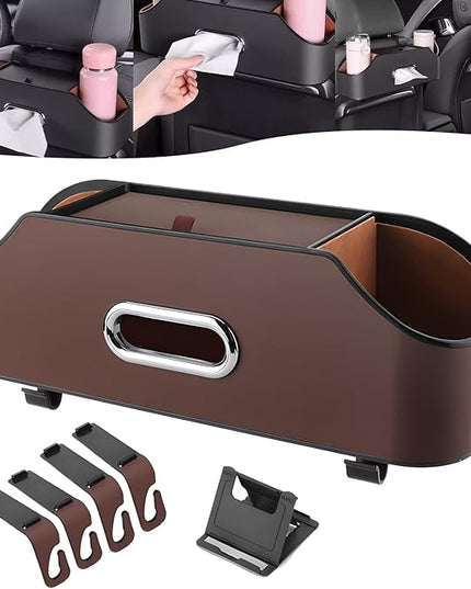 Multifunctional Car Back Seat Storage Organize, 2026 Upgrade 3-in-1 Car Backseat Organizer with Cup Holder, Tissue Box, Trash Bin & Hooks, for Hold Phones, Snacks, Drinks, and Handbags (Brown)