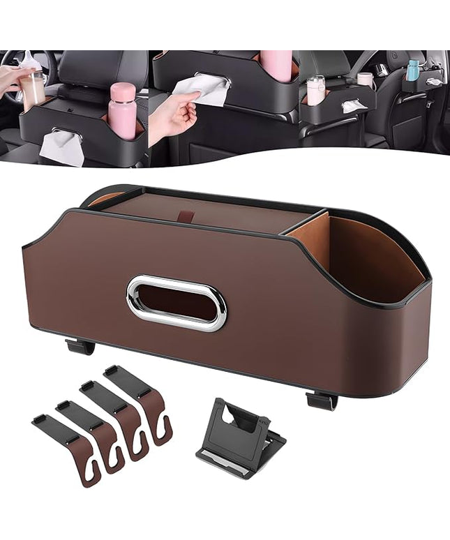 Multifunctional Car Back Seat Storage Organize, 2026 Upgrade 3-in-1 Car Backseat Organizer with Cup Holder, Tissue Box, Trash Bin & Hooks, for Hold Phones, Snacks, Drinks, and Handbags (Brown)