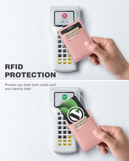 VULKIT Phone Card Holder Wallet Leather Adhesive Pocket RFID Blocking Credit Card Sleeves Stick Back of Phone Smartphones Rose
