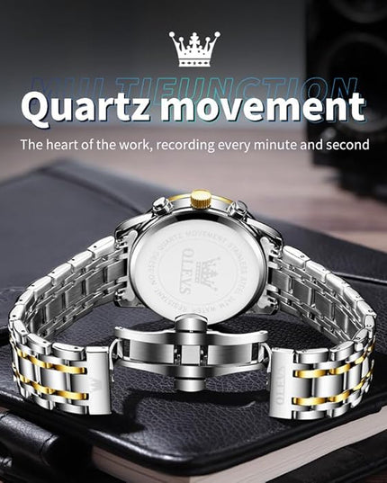 OLEVS Mens Watch Luxury Big Face Stainless Steel Analog Quartz Multifunctional Waterproof Luminous Date Two Tone Fashion Dress Wrist Watches for Man