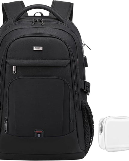 DUSLANG 17 Inch Laptop Backpack for Travel Water Resistant College Backpack for Men Women Laptop Bag with USB Charging Port Clear Cosmetic Bag,Black